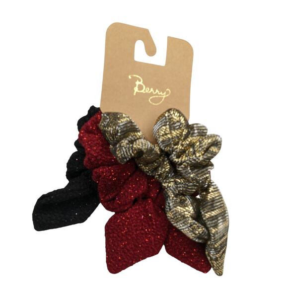 Festive Holiday Scrunchie Set Red, Gold & Black Ponytail Bows - Picture 5 of 5